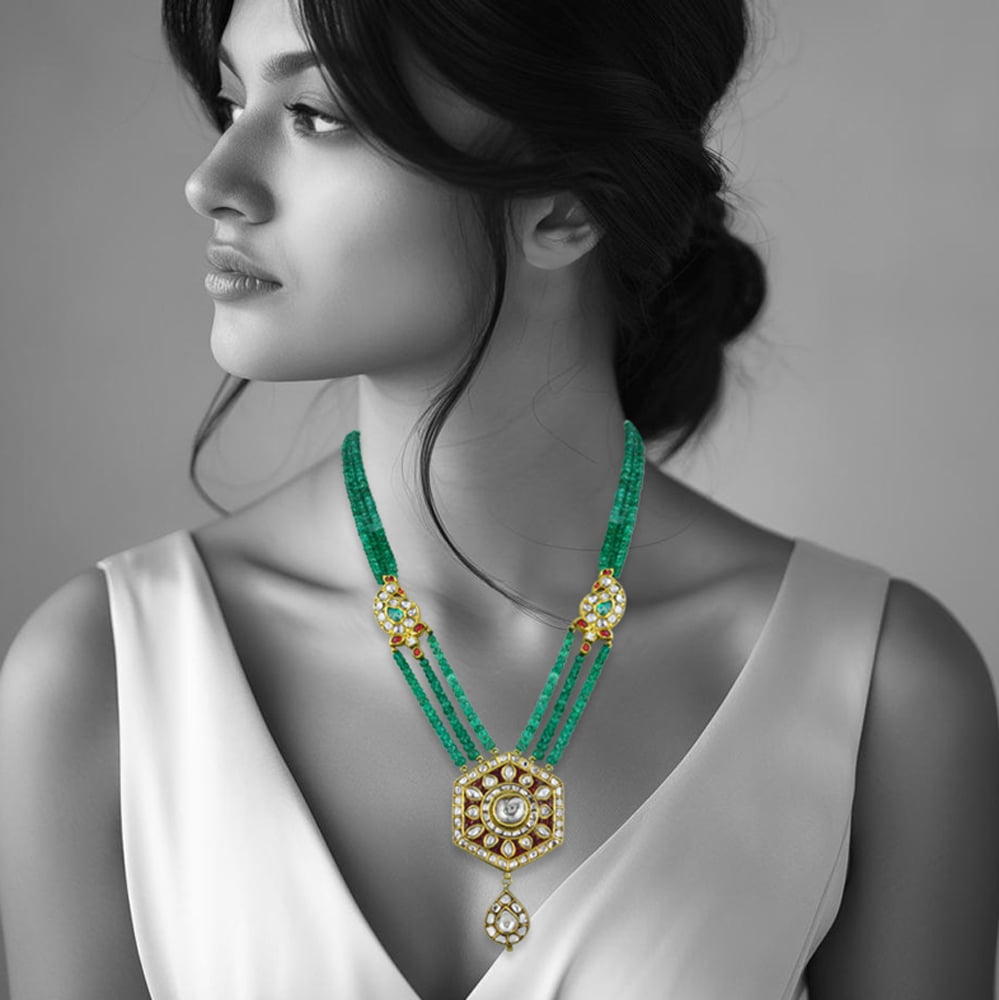 Triple-Strand Emerald Necklace with Red Stone, and Polki
